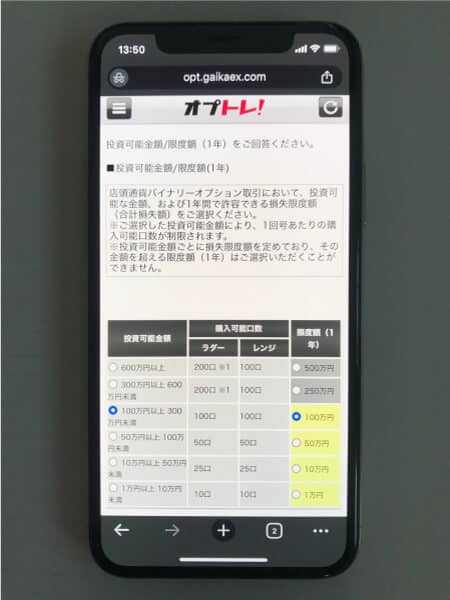 オプトレ!の投資額設定