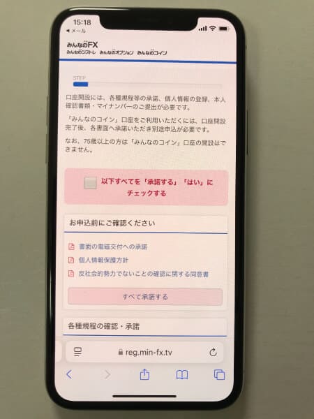 みんなのオプション口座開設の必要事項入力画面